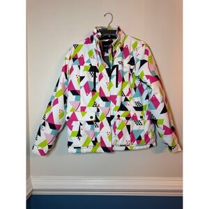 Pursky Geometric Ski Jacket Kids 14-16 Pink Green 90s Style Insulated Coat